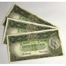 AUSTRALIA 1961 . ONE 1  POUND BANKNOTES . COOMBS/WILSON . CONSECUTIVE TRIO